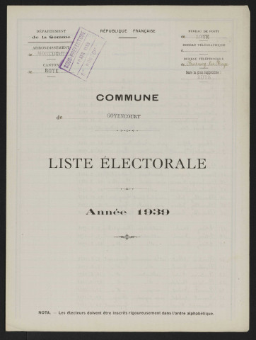 Liste électorale : Goyencourt