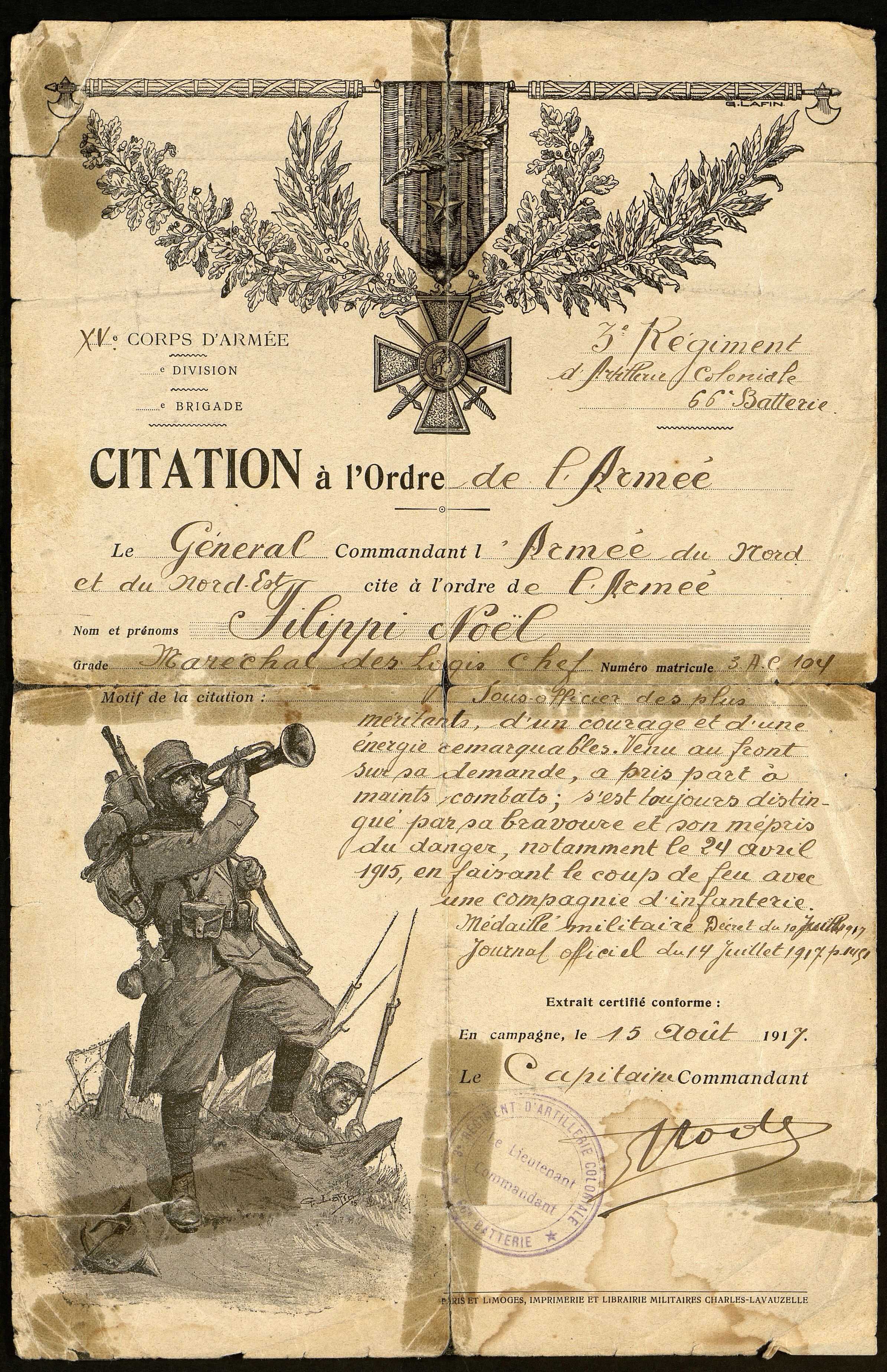 Citation A L Ordre De L Armee De Noel Filippi Marechal Des Logis Chef Au 3e Regiment D Artillerie Coloniale 134j3 Archives De La Somme