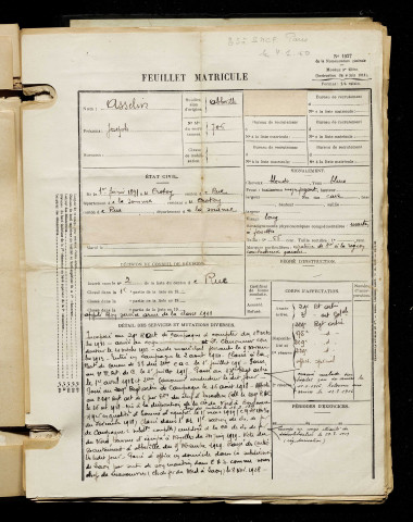 Asselin, Joseph, né le 01 février 1891 à Crotoy (Le) (Somme), classe 1911, matricule n° 706, Bureau de recrutement d'Abbeville