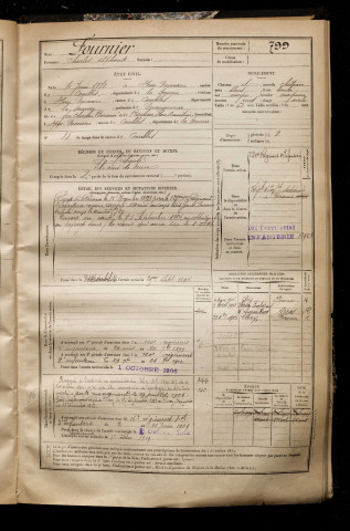 Fournier, Charles Alphonse, né le 04 juin 1872 à Hem-Monacu (Somme), classe 1892, matricule n° 799, Bureau de recrutement de Péronne