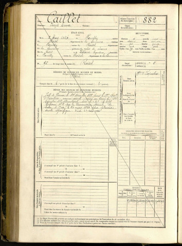 Caillet, Joseph Arcade, né le 02 mars 1864 à Poeuilly (Somme, France), classe 1884, matricule n° 882, Bureau de recrutement de Péronne