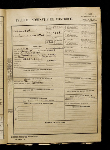 Lecuyer, Fernand Victor Albert, né le 12 janvier 1892 à Martainneville (Somme), classe 1912, matricule n° 1008, Bureau de recrutement d'Abbeville
