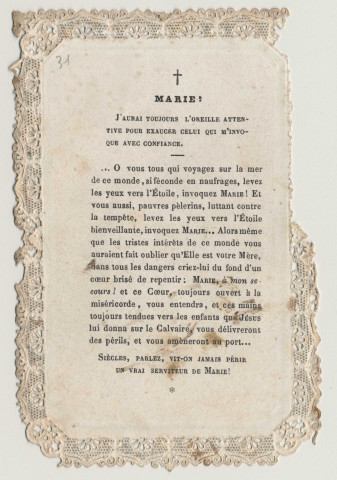 Image pieuse dentelle. Je suis la Mère du pur amour ! Prière à la Vierge et à l'Enfant (Enfant de Marie)