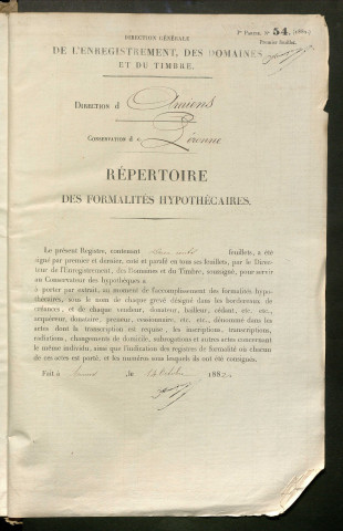 Répertoire des formalités hypothécaires, du 23/09/1884 au 20/01/1885, registre n° 287 (Péronne)