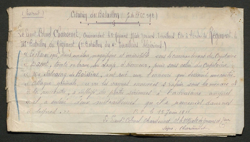 Témoignage de Salvat, Jacques Joseph François (Adjudant) et correspondance avec Jacques Péricard