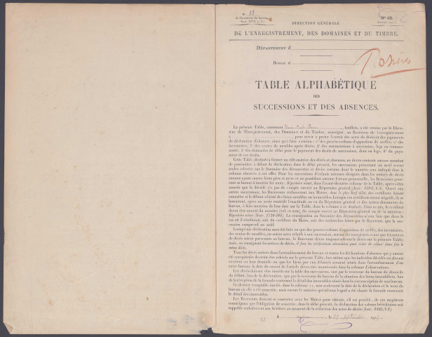 Table des successions et absences du bureau de Rosières-en-Santerre
