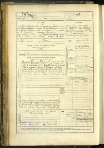 Blangis, Alfred Jules, né le 5 septembre 1862 à Tugny-et-Pont (Aisne, France), classe 1882, matricule n° 68, Bureau de recrutement de Péronne