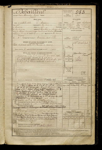 Debailleul, Louis Alexandre Marie Joseph, né le 05 juillet 1883 à Amiens (Somme), classe 1903, matricule n° 983, Bureau de recrutement d'Amiens