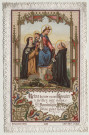 Image pieuse dentelle. Reine du très saint Rosaire veillez sur nous. Saint Dominique priez pour nous. La Vierge et l'Enfant, saint Dominique et sainte Catherine de Sienne. Indulgences accordées par l'église aux associés du Rosaire