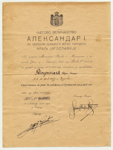 Diplôme décerné en 1930 à Alfred Doyonnard par le Roi Alexandre 1er de Yougoslavie