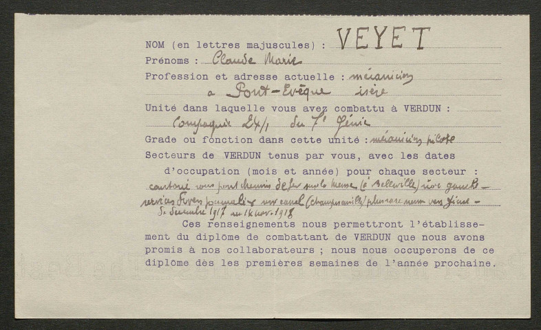 Témoignage de Veyet, Claude Marie (Mécanicien pilote) et correspondance avec Jacques Péricard