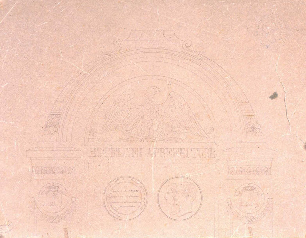 Hôtel de préfecture : plan du fronton du portail, dessiné par Herbault, architecte départemental