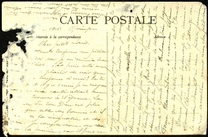 Carte postale intitulée "Amitiés" représentant un noeud tricolore, du muguet et du houx. Correspondance de Raymond Paillart à son fils