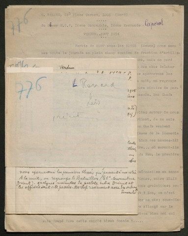 Témoignage de Renard (Abbé), Louis (Caporal) et correspondance avec Jacques Péricard
