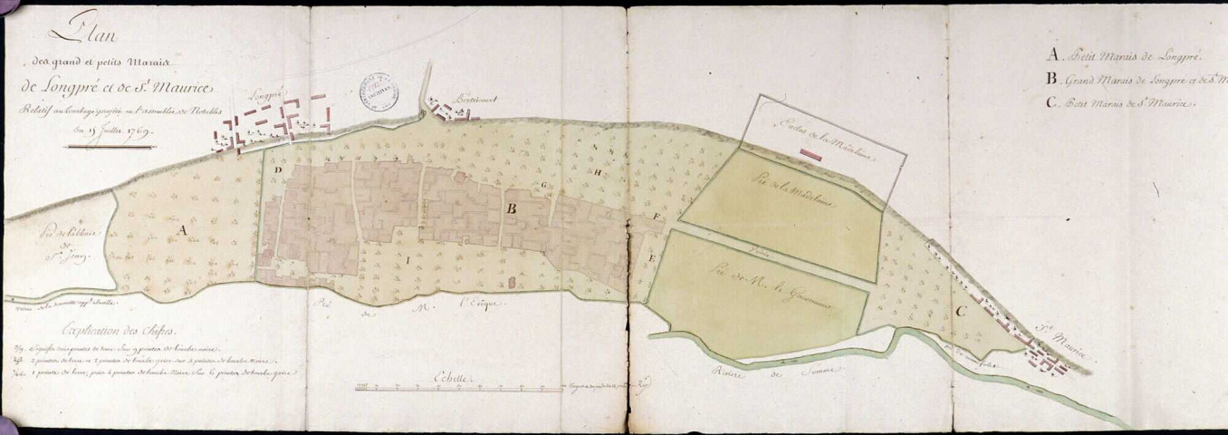 Plan des grands et petits marais de Longpré et de saint Maurice relatif au tourbage projeté en l'assemblée des notables du 15 juillet 1769