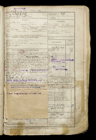 Bazin, Edmond Henri Noël, né le 13 mai 1893 à Amiens (Somme), classe 1913, matricule n° 49, Bureau de recrutement d'Amiens