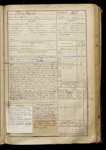 Poulain, Pierre Charles, né le 07 septembre 1888 à Paris 16e Arrondissement (Paris), classe 1908, matricule n° 867, Bureau de recrutement d'Amiens