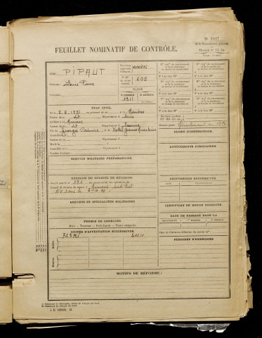 Pipaut, Louis Pierre, né le 05 mai 1891 à Asnières-sur-Seine (Hauts-de-Seine), classe 1911, matricule n° 605, Bureau de recrutement d'Amiens