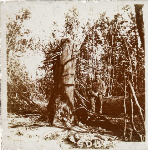 B. le Prêtre.- Soldat assis près d'un tronc d'arbre décapité par un obus
