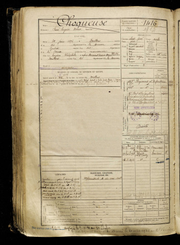 Choqueuse, René Eugène Octave, né le 30 juin 1896 à Doullens (Somme), classe 1916, matricule n° 1416, Bureau de recrutement d'Amiens