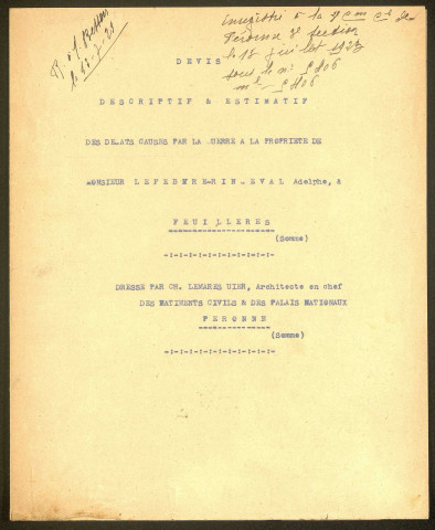 Feuillères. Demande d'indemnisation des dommages de guerre : dossier Lefèbvre-Ringeval