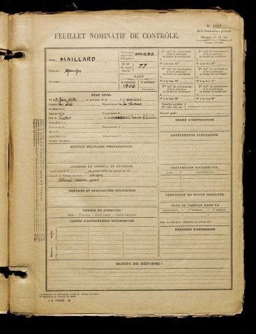 Maillard, Georges, né le 02 juin 1886 à Amiens (Somme), classe 1906, matricule n° 77, Bureau de recrutement d'Amiens
