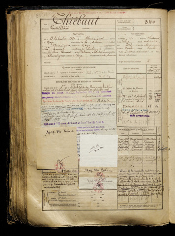 Thiébaut, Louis Désiré, né le 13 septembre 1889 à Beuvraignes (Somme), classe 1909, matricule n° 340, Bureau de recrutement de Péronne