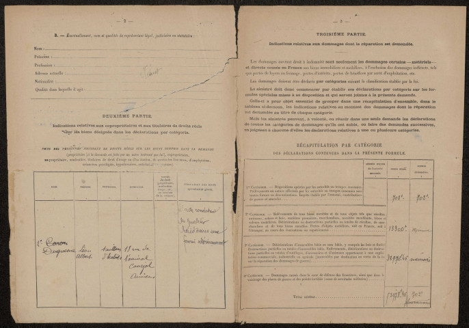 Cléry-sur-Somme. Demande d'indemnisation des dommages de guerre : dossier Duquenne Albert
