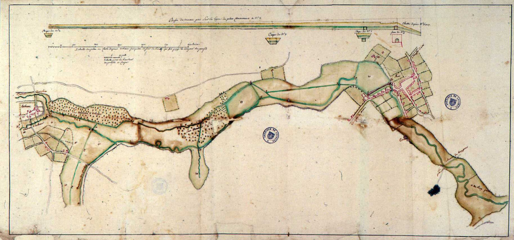 Plan du village d'Herbaux, des faubourgs de Lens et des prairies appelées bousins inondées par les ruisseaux d'Erbaux et Herchies