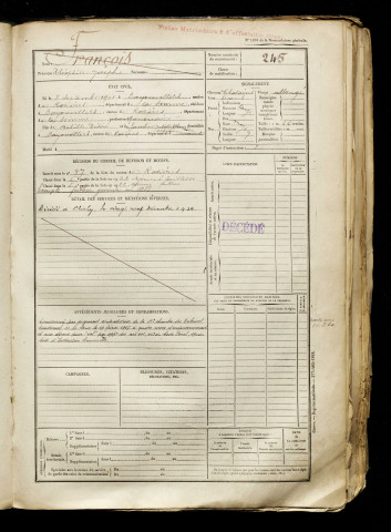 François, Théophile Joseph, né le 08 septembre 1901 à Bayonvillers (Somme), classe 1921, matricule n° 245, Bureau de recrutement de Péronne