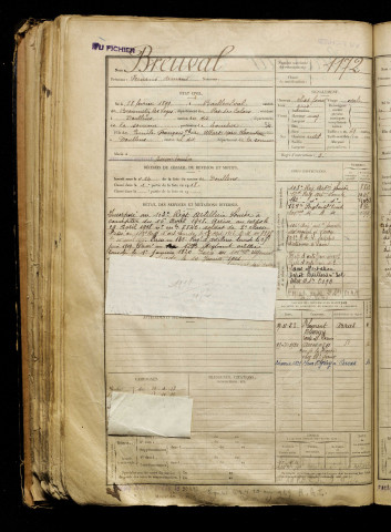 Breuval, Fernand Armand, né le 28 février 1899 à Bailleulval (Pas-de-Calais), classe 1919, matricule n° 1172, Bureau de recrutement d'Abbeville