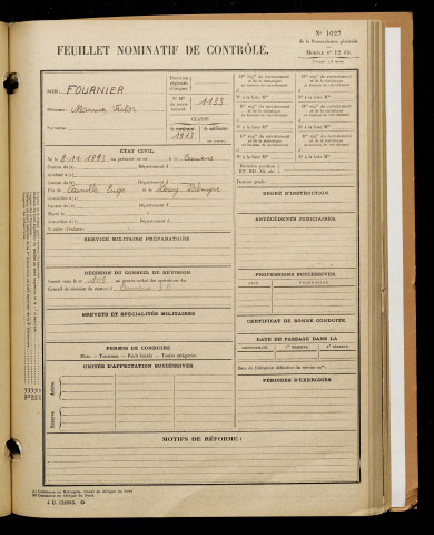 Fournier, Maurice Victor, né le 08 novembre 1893 à Amiens (Somme), classe 1913, matricule n° 1133, Bureau de recrutement d'Amiens