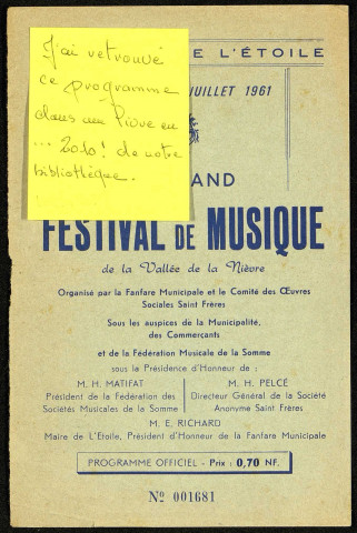 L'Etoile (Somme). Dimanche 2 juillet 1961, 6e grand festival de musique de la vallée de la Nièvre. Présentation historique et géographique de la commune de L'Etoile