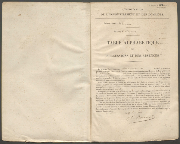 Table des successions et absences du bureau de Oisemont