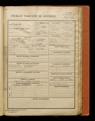 Flour, Nestor Juste Elisée, né le 23 février 1892 à Saint-Ouen (Somme), classe 1912, matricule n° 165, Bureau de recrutement d'Abbeville