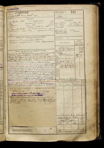 Vignon, Jean Baptiste François Joseph, né le 24 juin 1896 à Morlancourt (Somme), classe 1916, matricule n° 331, Bureau de recrutement de Péronne