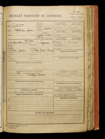 Gest, Alphonse Léon Marius, né le 02 août 1892 à Cayeux-sur-Mer (Somme), classe 1912, matricule n° 1210, Bureau de recrutement d'Abbeville