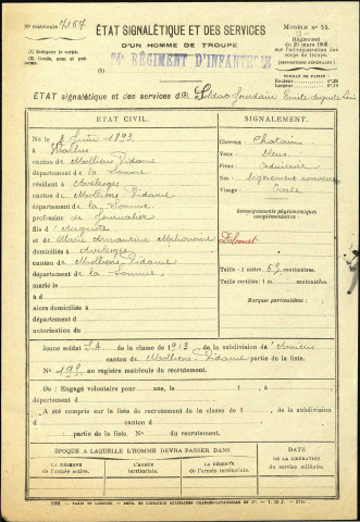 Jourdain, Emile Auguste Louis, né le 02 juin 1893 à Warlus (Somme), classe 1913, matricule n° 195, Bureau de recrutement d'Amiens