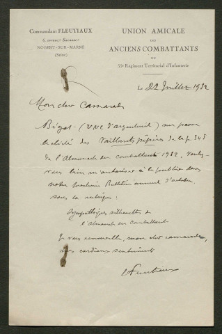 Témoignage de Fleutiaux, E. (Chef de bataillon) et correspondance avec Jacques Péricard