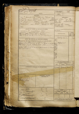 David, Ernest Olivier, né le 02 novembre 1897 à Wiencourt-l'Équipée (Somme), classe 1917, matricule n° 116, Bureau de recrutement de Péronne