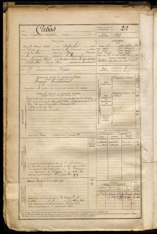 Cabos, Eugène Adolphe, né le 14 août 1866 à Bettembos (Somme), classe 1886, matricule n° 22, Bureau de recrutement d'Amiens