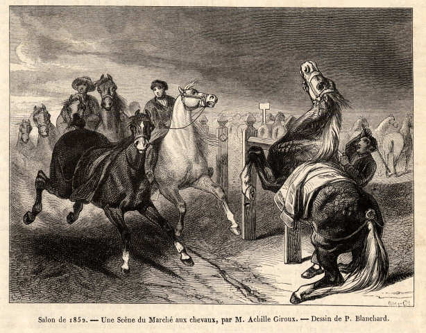 Salon de 1852.- Un scène du Marché aux chevaux, par M. Achille Giroux.- Dessin de P. Blanchard