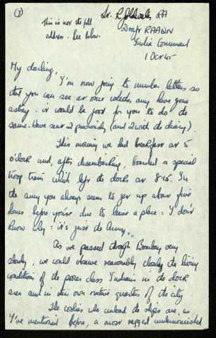 Lt R. Goldwater RA, Draft RAAQN India Command, 1er Oct. 45 : lettre de Raymond Goldwater à sa fiancée