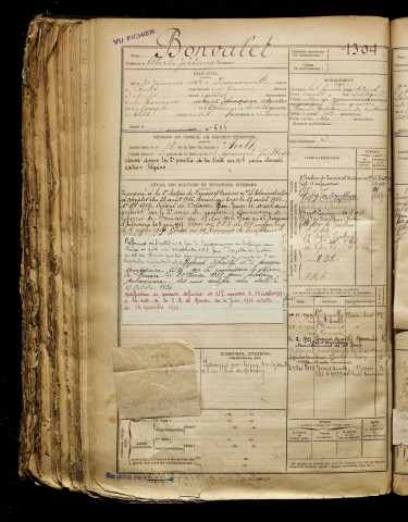 Bonvalet, Albert Jérémie, né le 21 janvier 1897 à Fressenneville (Somme), classe 1917, matricule n° 1304, Bureau de recrutement d'Abbeville