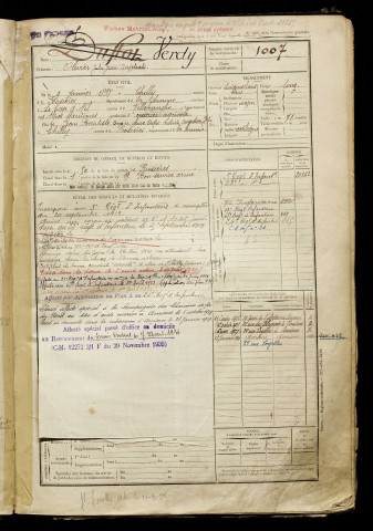 Verdy, Olivier Jules Jean Baptiste, né le 09 janvier 1898 à Chilly (Somme), classe 1918, matricule n° 1007, Bureau de recrutement de Péronne