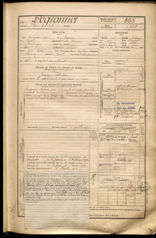 Légionnet, Ulyse Jules, né le 20 février 1870 à Ronssoy (Somme), classe 1890, matricule n° 555, Bureau de recrutement de Péronne