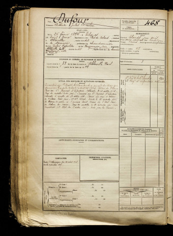 Dufour, Arthur Jules Cornil, né le 26 février 1894 à Tilques (Pas-de-Calais), classe 1914, matricule n° 468, Bureau de recrutement d'Abbeville