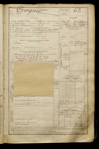 Crognier, Paul, né le 09 octobre 1884 à Belloy-sur-Somme (Somme), classe 1904, matricule n° 65, Bureau de recrutement d'Amiens