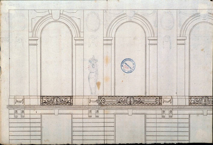 Projet de salle de spectacle, rue des Trois-Cailloux : croquis préparatoire dressé par l'architecte Rousseau pour le décor de la façade principale et les balcons