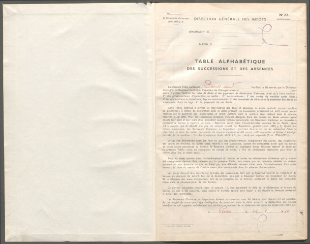 Table des successions et absences du bureau de Bray-sur-Somme